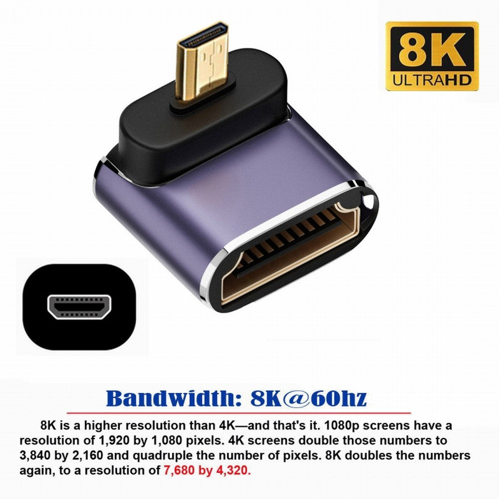 Down Angled Micro HDMI Male to HDMI 2.1 Female UHD Extension Gold Converter Adapter Support 8K 60hz HDTV HD-023-D8K05