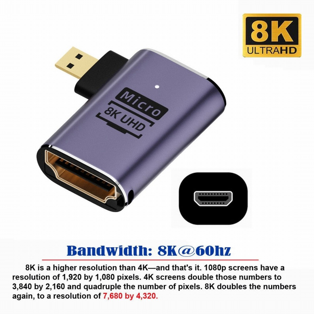 Left Angled Micro HDMI Male to HDMI 2.1 Female UHD Extension Gold Converter Adapter Support 8K 60hz HDTV HD-023-D8K03
