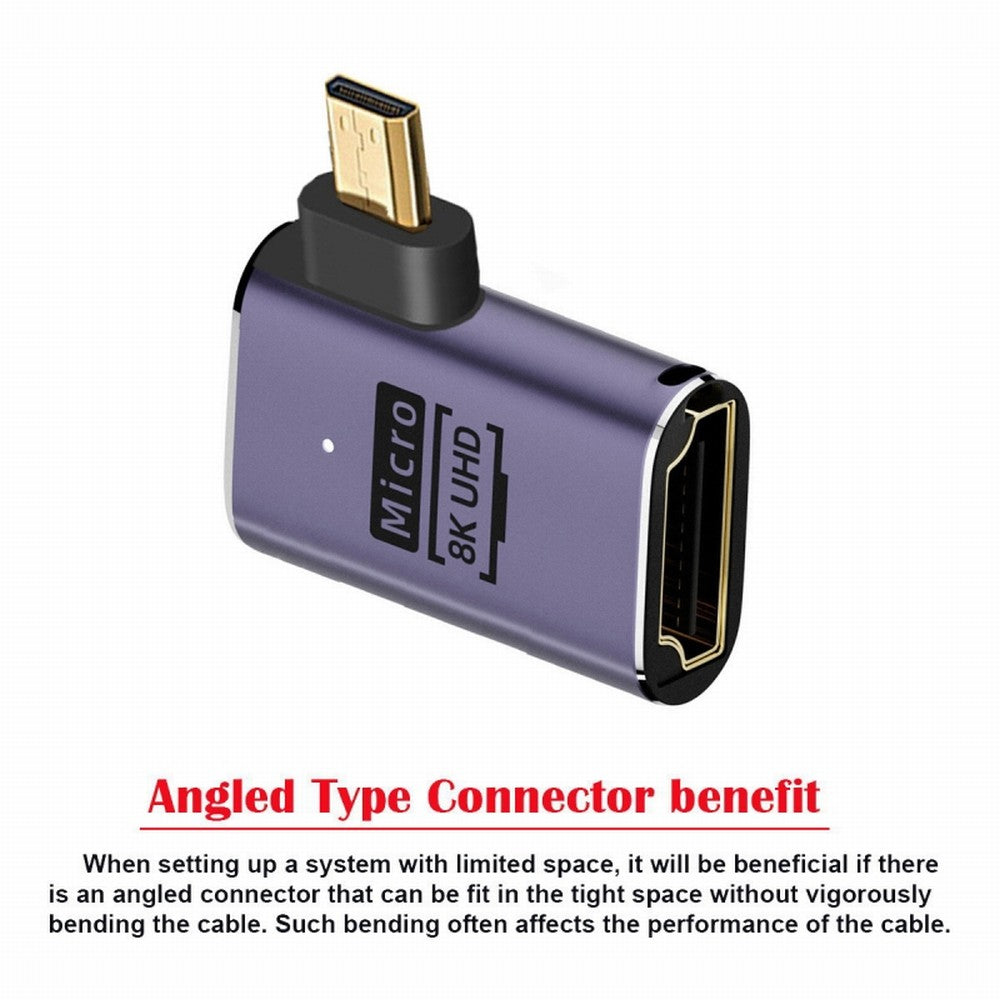 Left Angled Micro HDMI Male to HDMI 2.1 Female UHD Extension Gold Converter Adapter Support 8K 60hz HDTV HD-023-D8K03