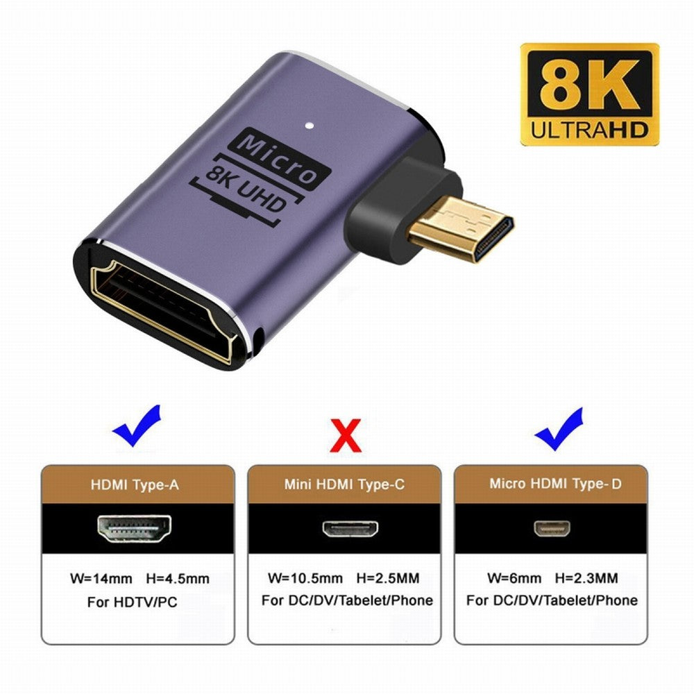 Left Angled Micro HDMI Male to HDMI 2.1 Female UHD Extension Gold Converter Adapter Support 8K 60hz HDTV HD-023-D8K03