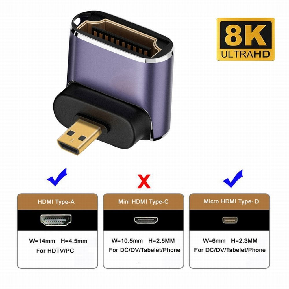 Up Angled Micro HDMI Male to HDMI 2.1 Female UHD Extension Gold Converter Adapter Support 8K 60hz HDTV HD-023-D8K04