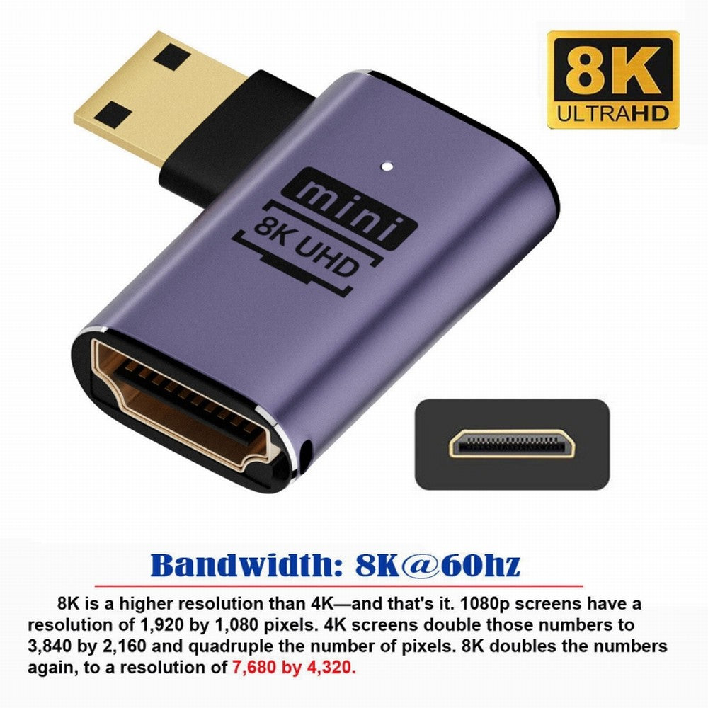 Left Angled Mini HDMI Male to HDMI 2.1 Female UHD Extension Gold Converter Adapter Support 8K 60hz HDTV HD-038-C8K03