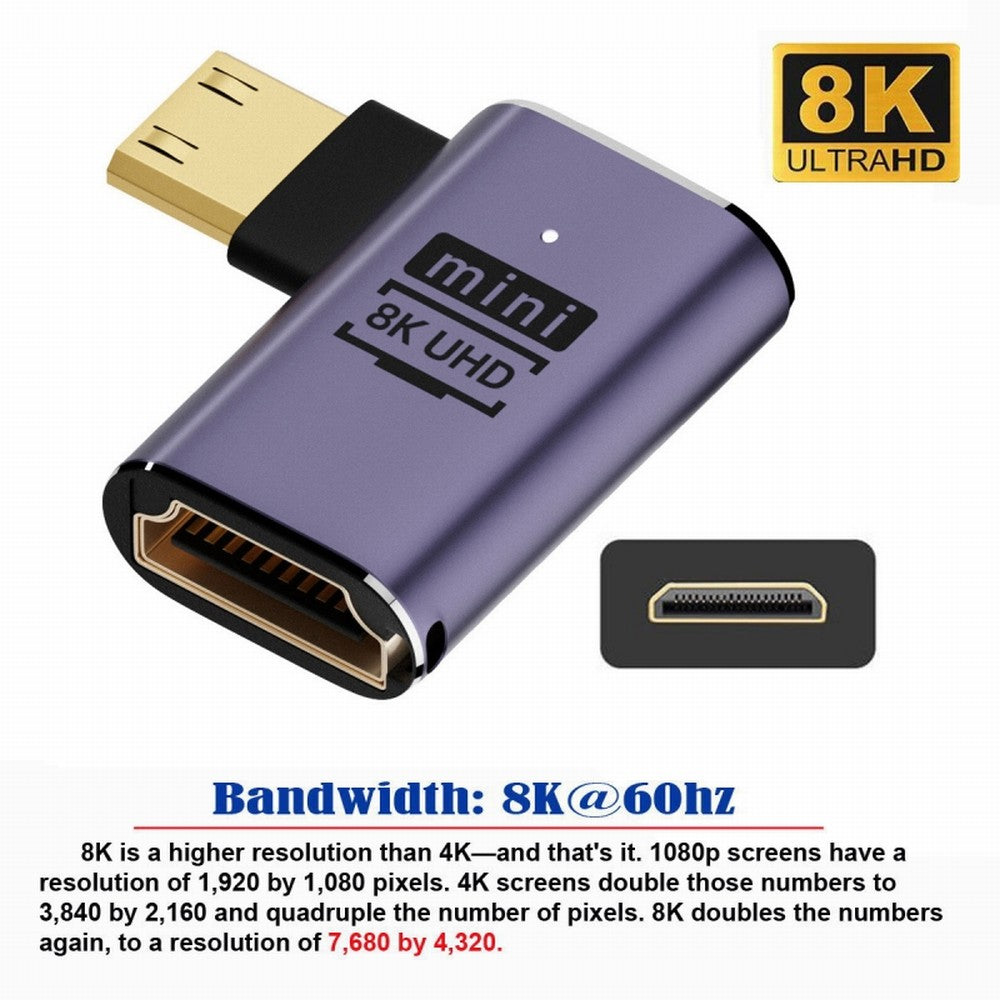 Right Angled Mini HDMI Male to HDMI 2.1 Female UHD Extension Gold Converter Adapter Support 8K 60hz HDTV HD-038-C8K02