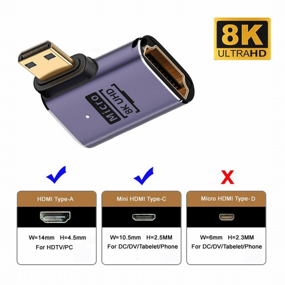 Right Angled Mini HDMI Male to HDMI 2.1 Female UHD Extension Gold Converter Adapter Support 8K 60hz HDTV HD-038-C8K02