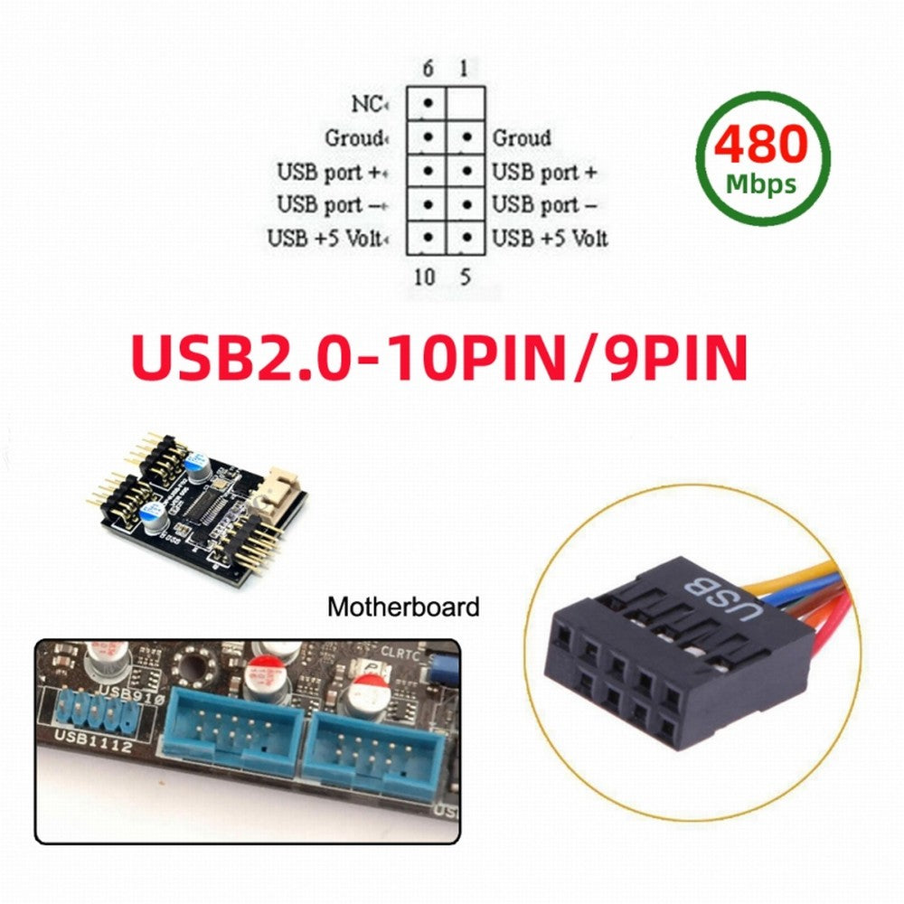 USB 2.0 Type-A Male 1 to 2 Female Motherboard 9pin Header Extension HUB Connector Adapter Port Multilier U2-066