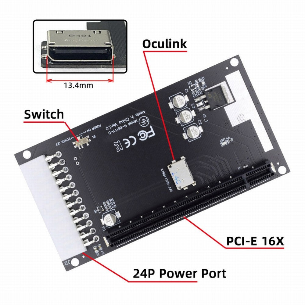 4x Oculink SFF-8612 SFF-8611 to PCIE PCI-Express 16x Adapter with ATX 24pin Power Port for Mainboard Graphics Card SF-059