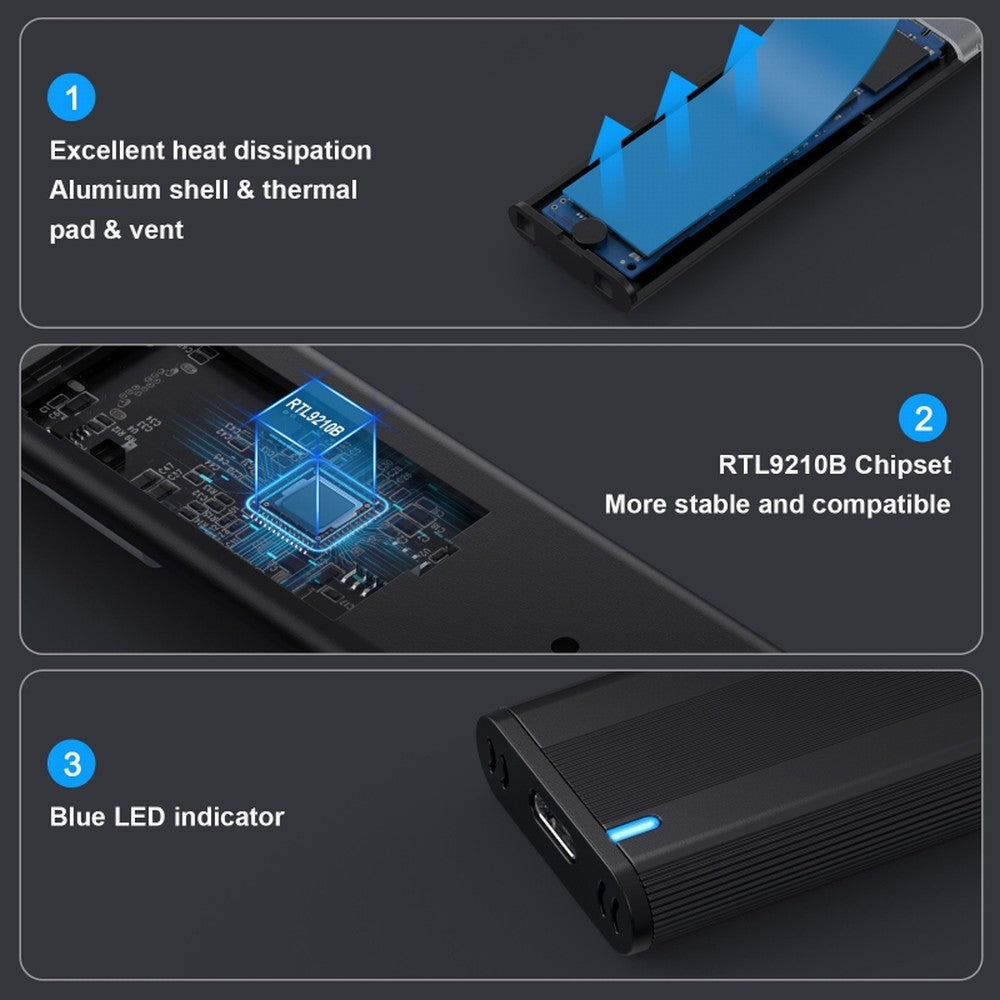USB 3.0 USB-C Type-C to NVME M-key M.2 NGFF SATA SSD External PCBA Case Enclosure RTL9210B Chipset UC-145