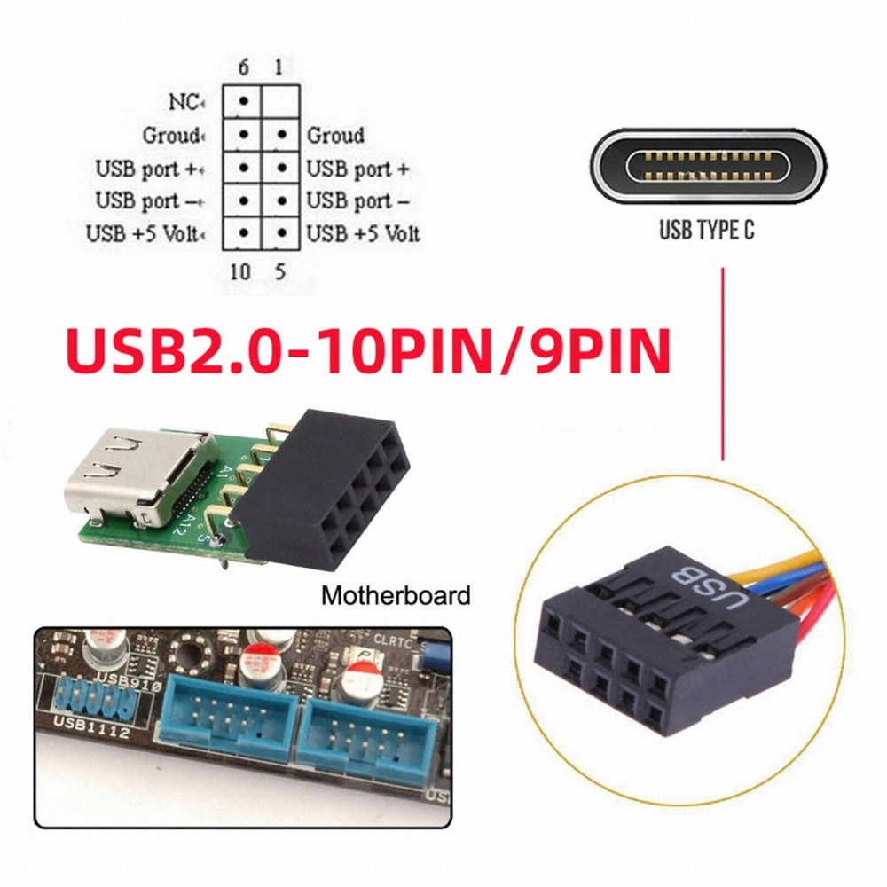 Single Port USB 3.1 Type C USB-C Female to USB 2.0 Motherboard 9pin 10pin Header Adapter PCBA 480Mbps UC-141-TC001