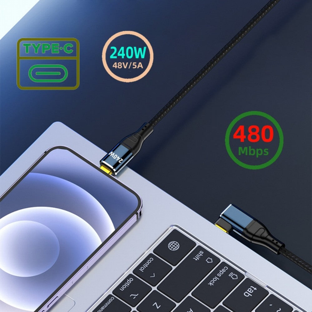 USB-C 240W Type-C Cable 480Mbps 48V 5A Left Right Angled 90 Degree Compatible with USB2.0 100W Charging for Laptop Tablet Phone CC-UC-132-RI