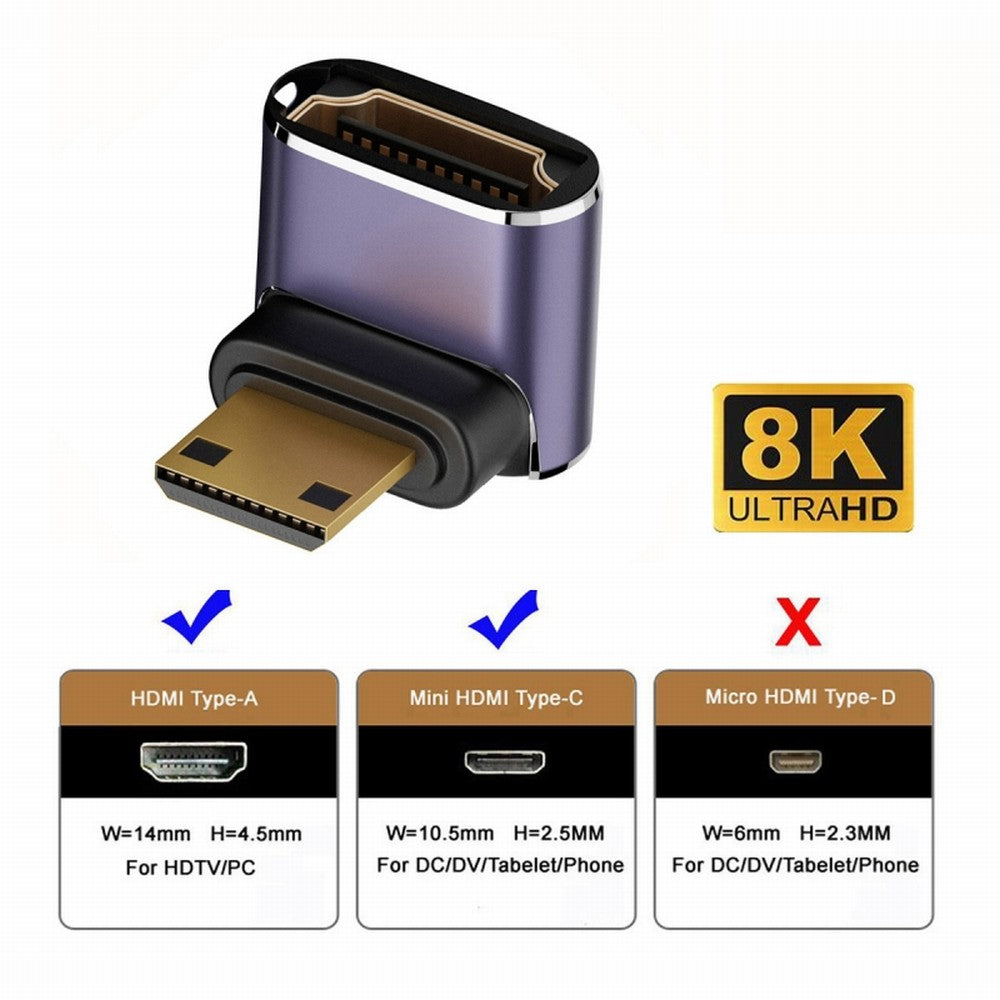 Up Angled Mini HDMI Male to HDMI 2.1 Female UHD Extension Gold Converter Adapter Support 8K 60hz HDTV HD-038-C8K05