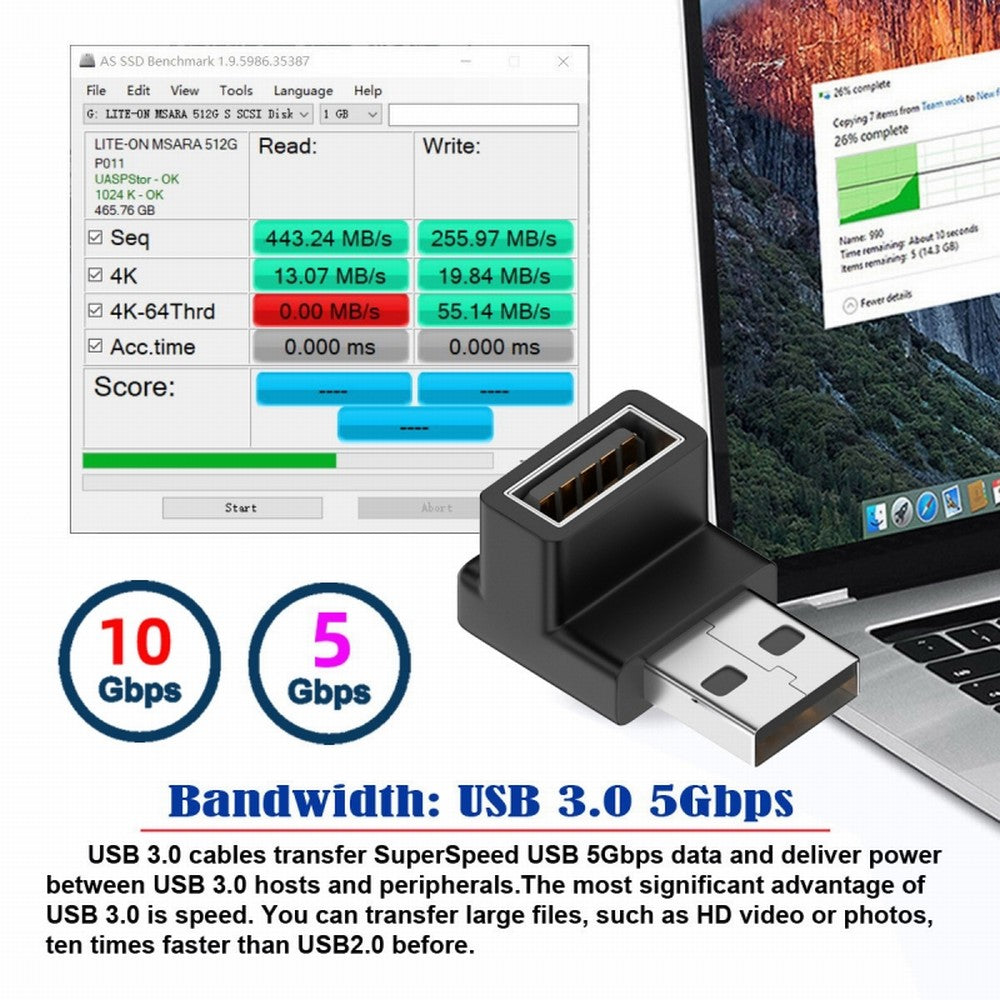 10Gbps USB3.0 Male to Female Extension Power Data Video Adapter 90 Degree Down Angled Type U3-018-DN