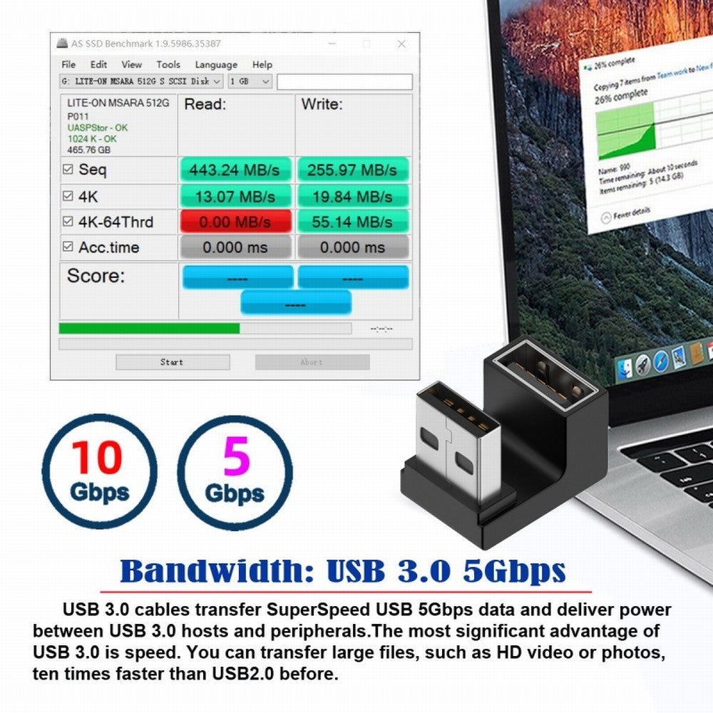 10Gbps USB3.0 Male to Female Extension Power Data Video Adapter 360 Degree Up Opposite U Shape Back Angled U3-018-OU