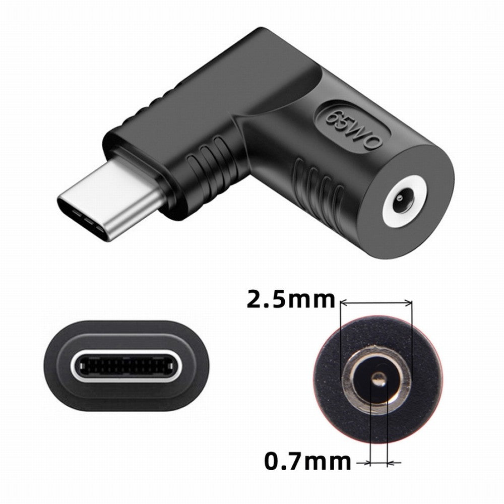 DC Jack 2.5x0.7mm Input to USB-C Type-C Angled 90 Degree Power Plug Charge Adapter for Laptop Phone UC-211-RI-2507MM