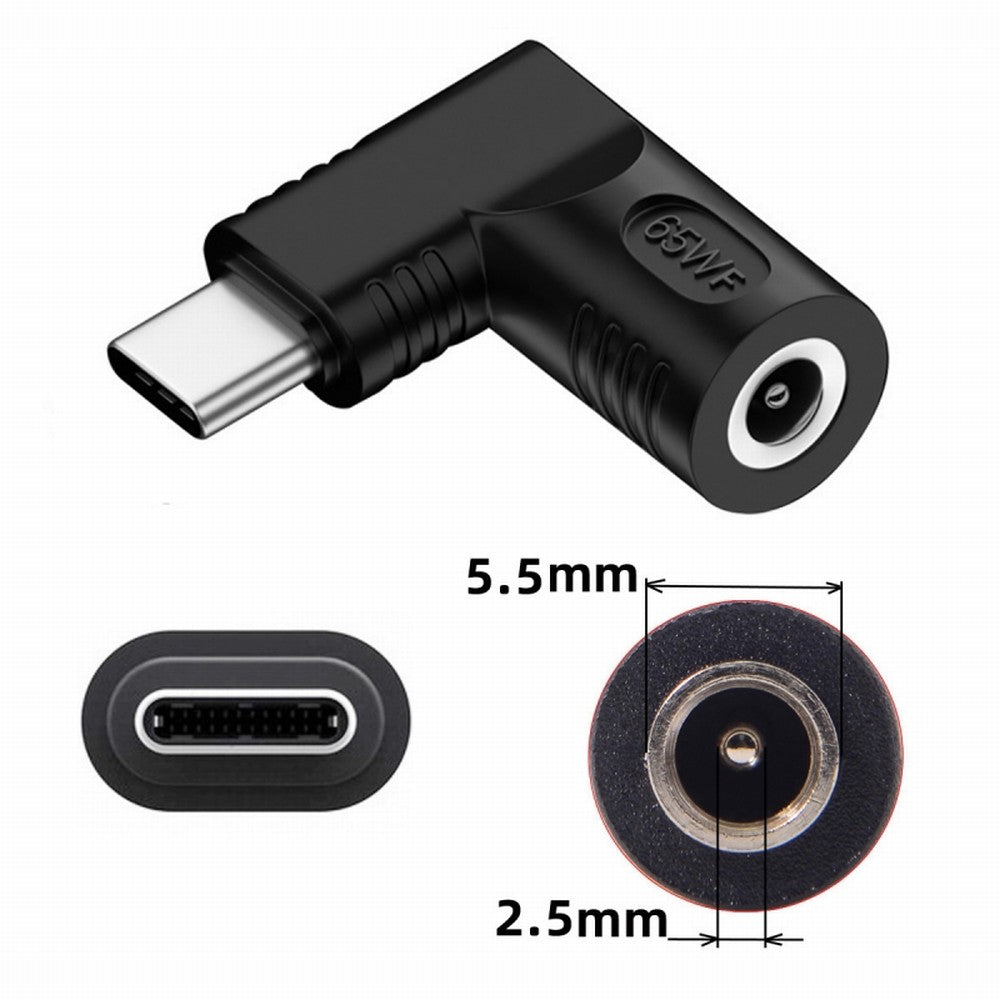 DC Jack 5.5x2.5mm Input to USB-C Type-C Angled 90 Degree Power Plug Charge Adapter for Laptop Phone UC-211-RI-5525MM