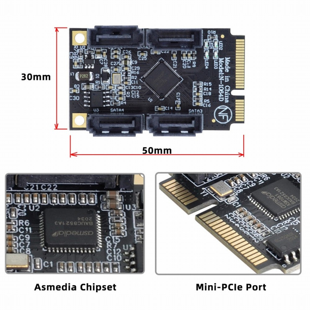 Mini PCI-E PCI Express to SATA 3.0 Four Ports Adapter Converter 6Gbps Hard Drive Extension Card for SSD SA-033-4P
