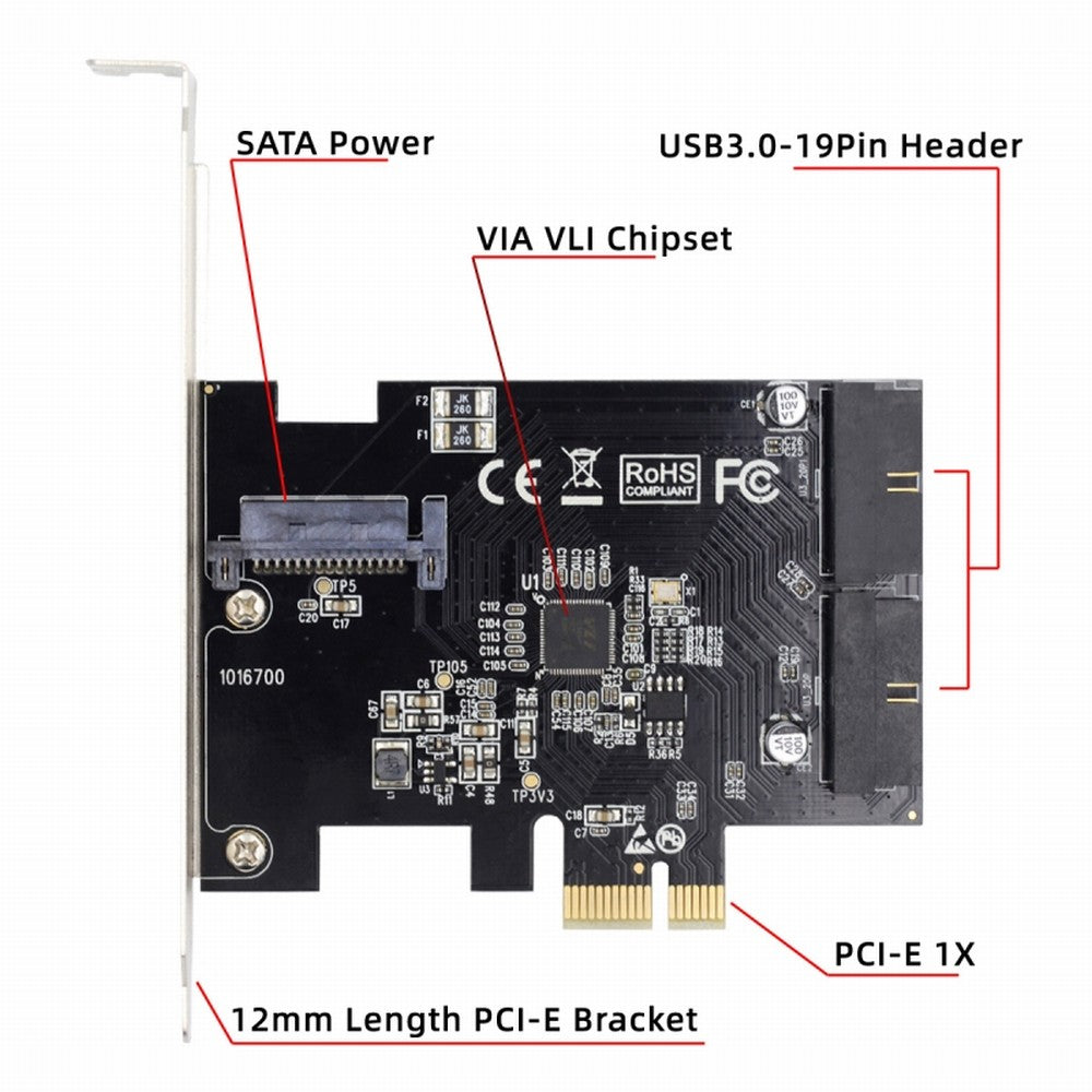 5Gbps 19Pin 20Pin USB 3.0 Front Panel Header to PCI-E 1X Express Card VL805 Adapter for Desktop Computer Motherboard U3-048
