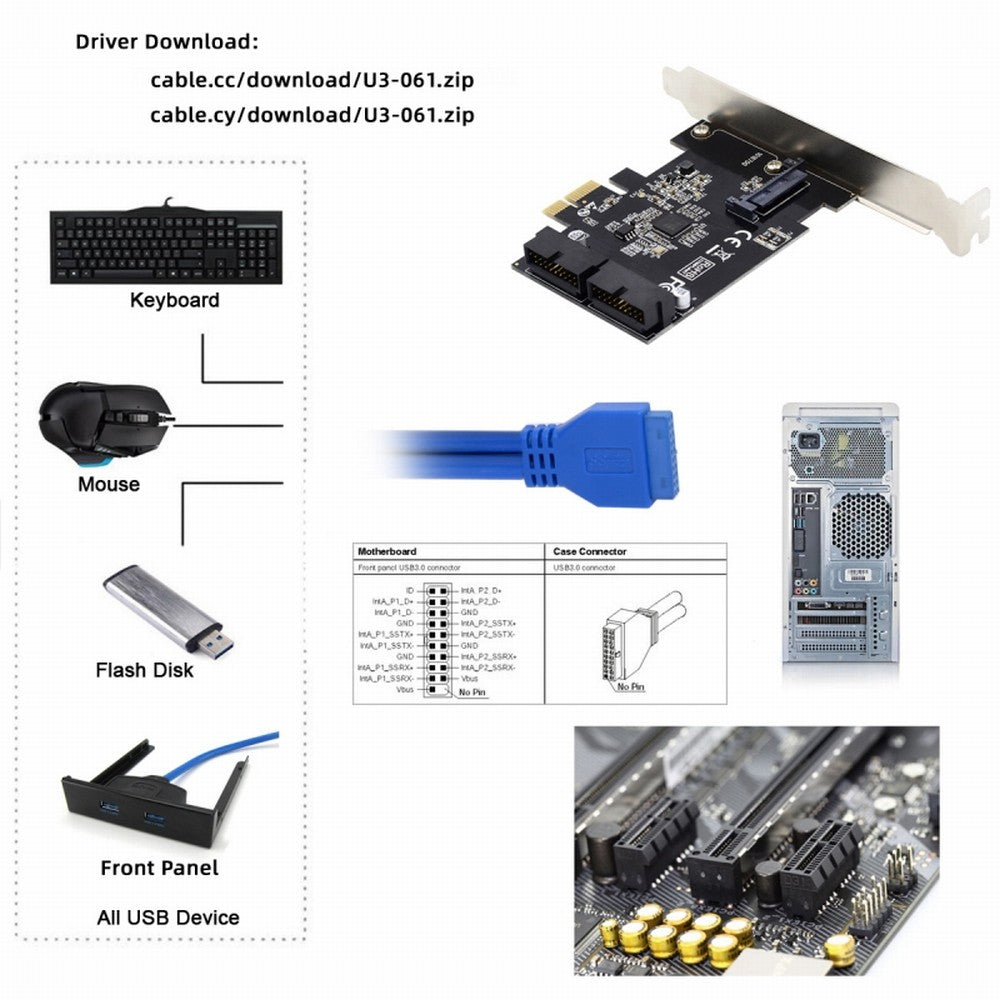 5Gbps 19Pin 20Pin USB 3.0 Front Panel Header to PCI-E 1X Express Card VL805 Adapter for Desktop Computer Motherboard U3-048