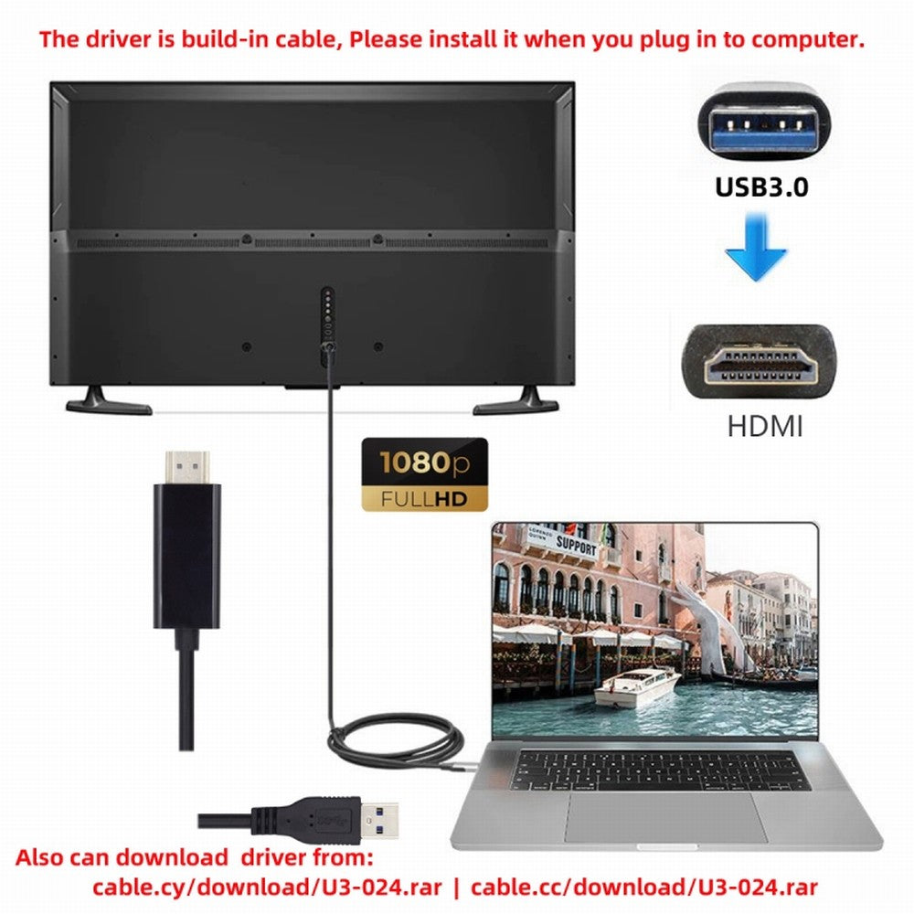 USB3.0 Male to HDMI Male Cable USB 3.0 Source HDMI Sink Converter For Desktop Laptop PC Adapter 1.8m 1080P Projector Video Monitor Cable U3-024