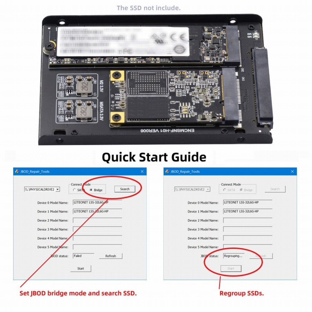 Dual MSATA NGFF B+M SSD Card JBOD Raid0 Span Bridge to 2.5inch SATA Combo HDD Disk Drive Enclosure SA-060