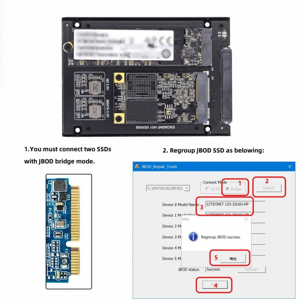 Dual MSATA NGFF B+M SSD Card JBOD Raid0 Span Bridge to 2.5inch SATA Combo HDD Disk Drive Enclosure SA-060