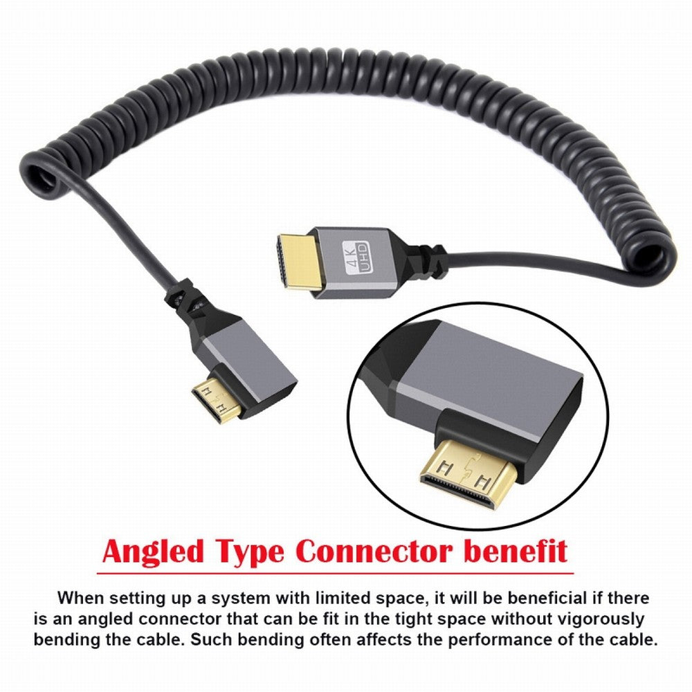 Mini HDMI 2.0 Male to HDMI Male 4K 60hz Stretch Coiled Cable Left Angled 90 Degree for HDTV Computer Laptop Monitor HD-036-LE