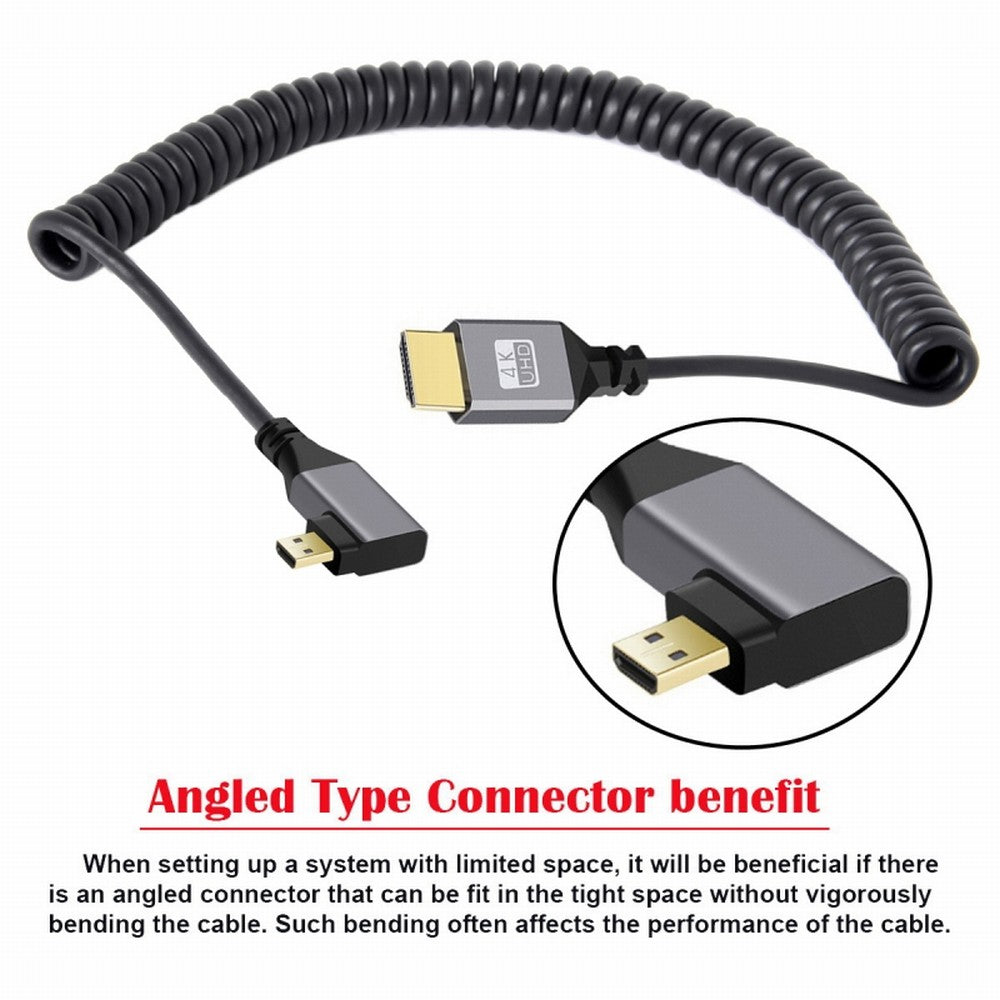 Micro HDMI 2.0 Male to HDMI Male 4K 60hz Stretch Coiled Cable Right Angled 90 Degree for HDTV Computer Laptop Monitor HD-037-RI
