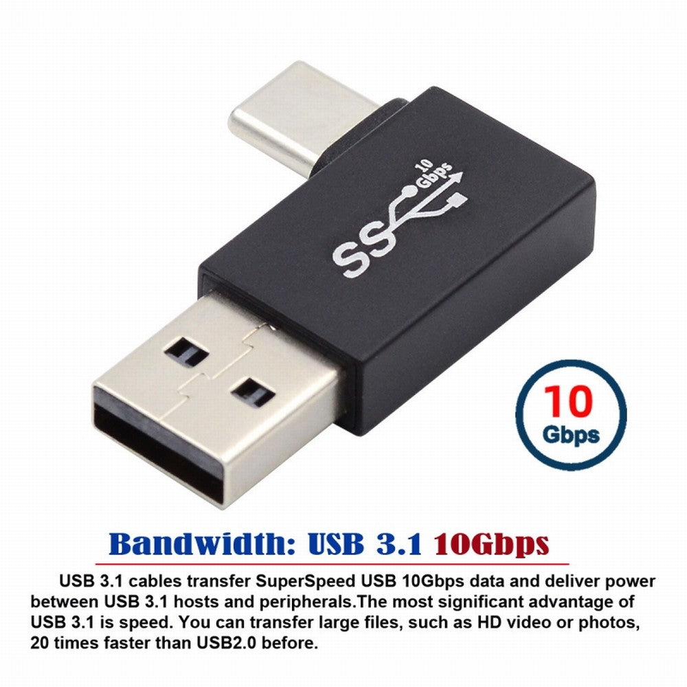Left Angled USB3.0 Type A Male to USB 3.1 Type C Male Data 10Gbps Charge Adapter 90 Degree for Laptop Phone UC-070-TC004
