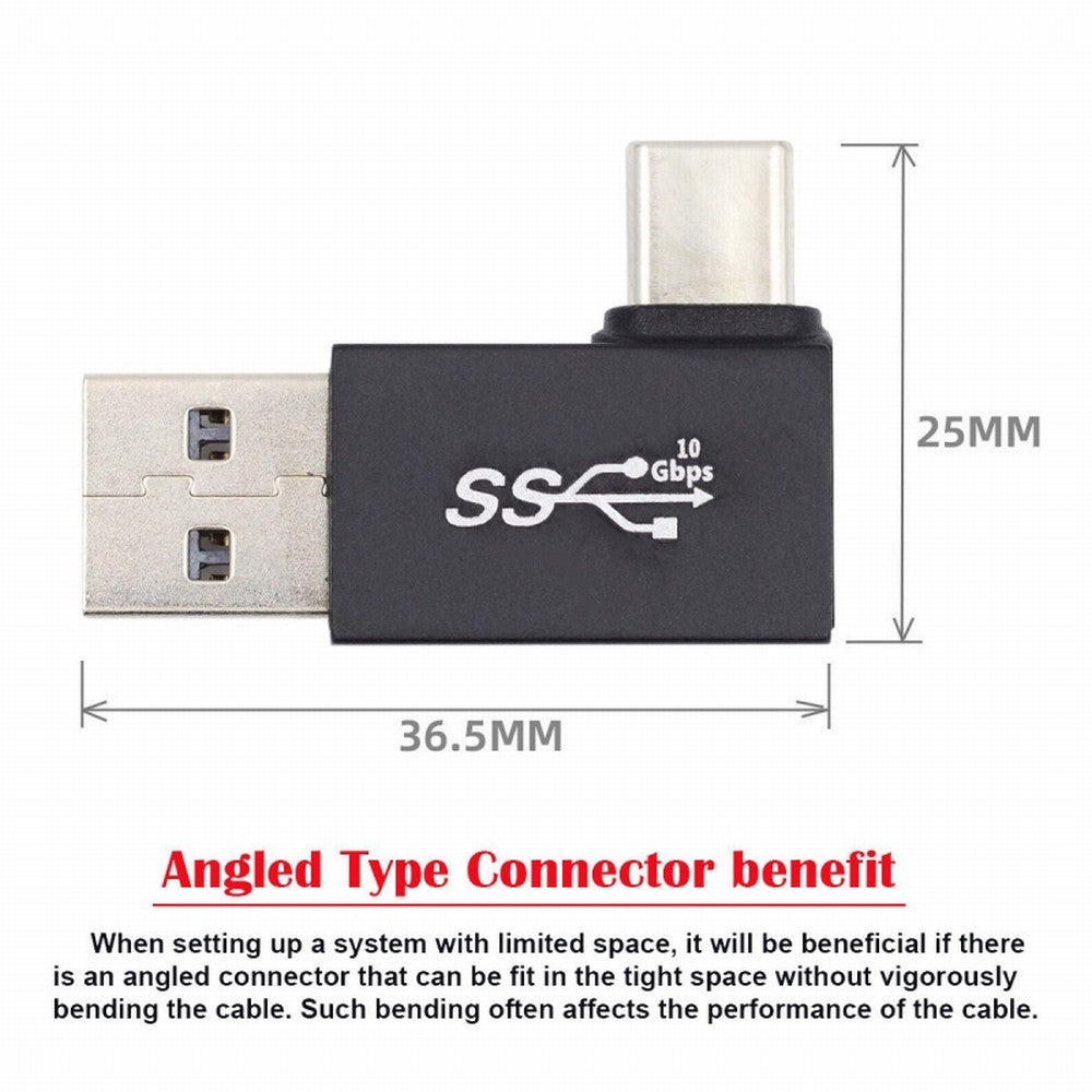 Left Angled USB3.0 Type A Male to USB 3.1 Type C Male Data 10Gbps Charge Adapter 90 Degree for Laptop Phone UC-070-TC004
