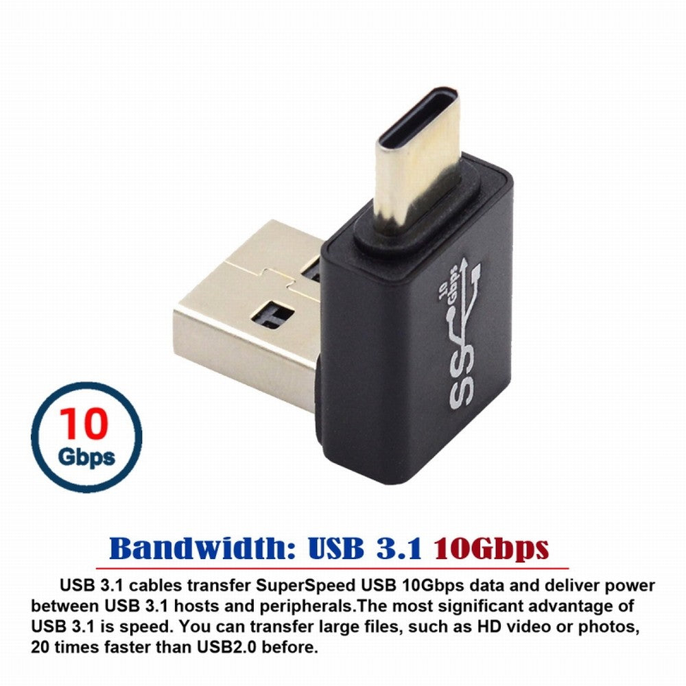 Down Angled USB3.0 Type A Male to USB 3.1 Type C Male Data 10Gbps Charge Adapter 90 Degree for Laptop Phone UC-070-TC006