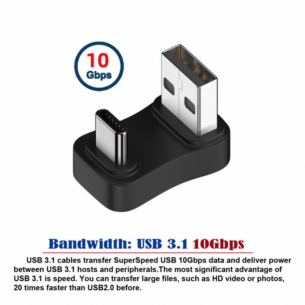 USB3.0 Type A Male to USB 3.1 Type C Male Data 10Gbps Down Opposite U Shape Back Angled Charge Adapter 90 Degree for Laptop Phone UC-070-TC008