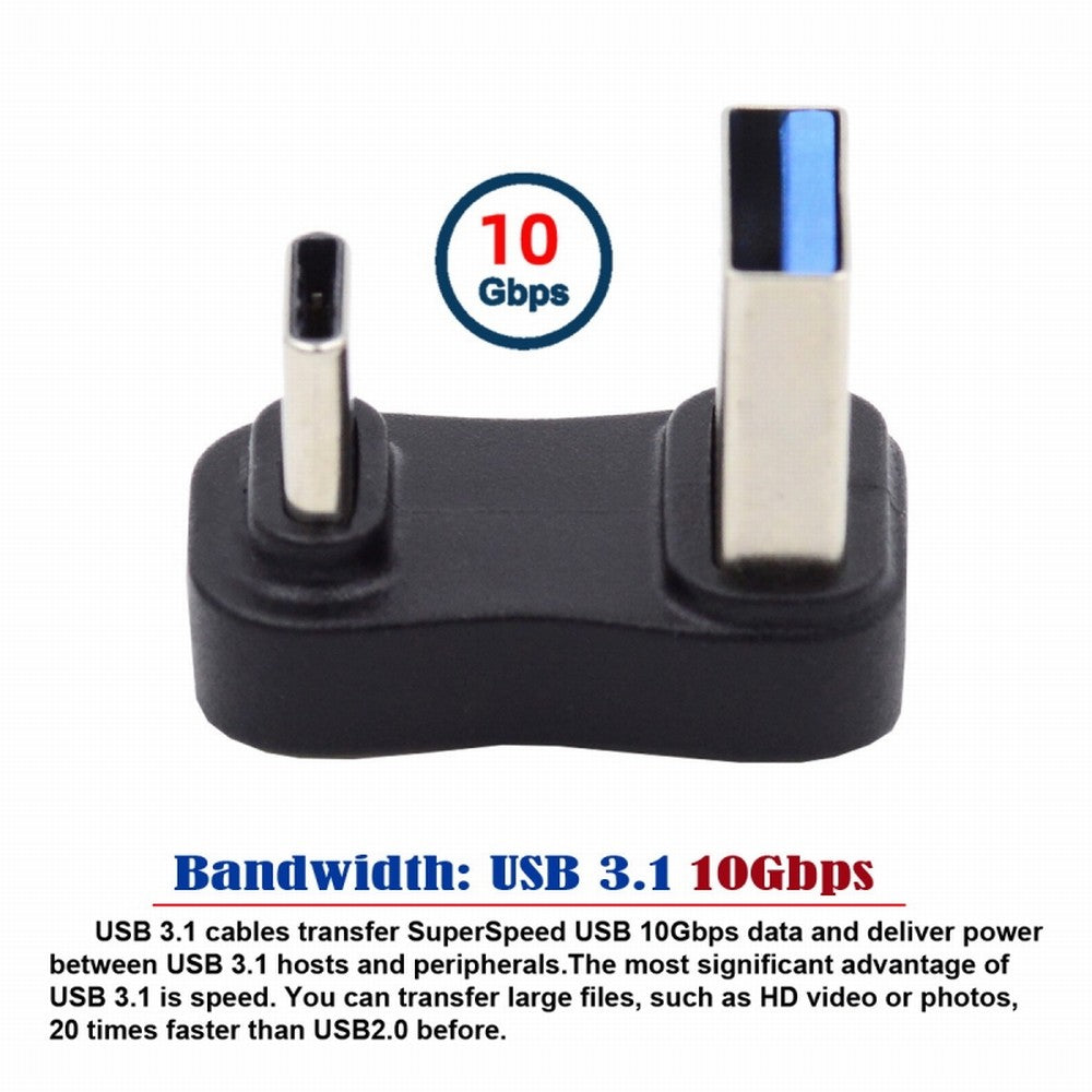USB3.0 Type A Male to USB 3.1 Type C Male Data 10Gbps Up Opposite U Shape Back Angled Charge Adapter 90 Degree for Laptop Phone UC-070-TC007