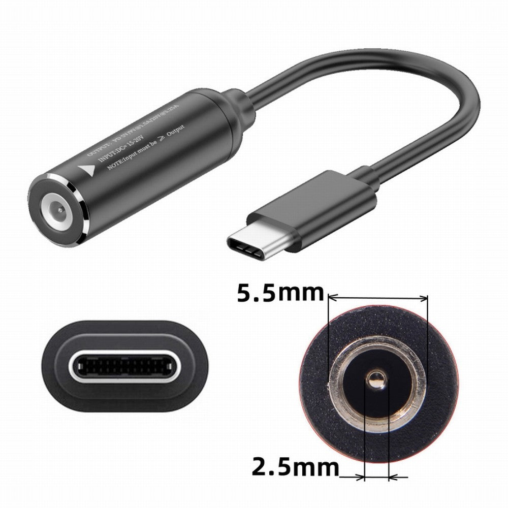DC Jack 5.5x2.5mm Input to USB-C Type-C Power Plug Charge Cable for Laptop Phone PD9V 5V 20V UC-149-5525MM
