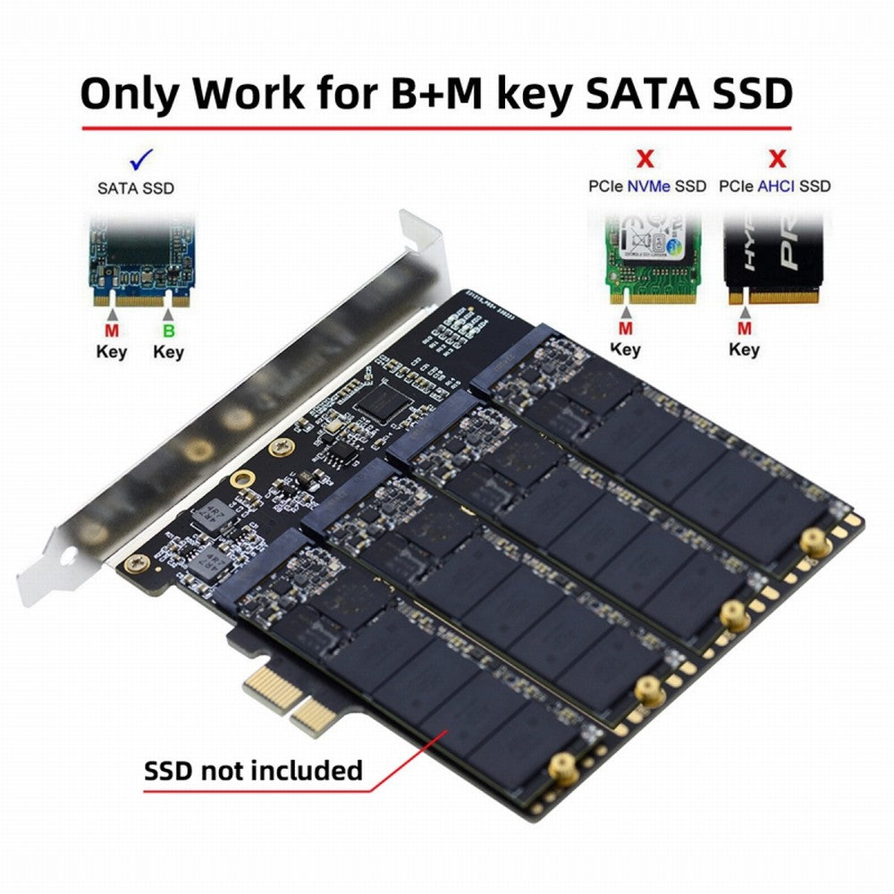 Four SATA NGFF Key B+M SSD to PCI-E 1x Mainboard Desktop Adapter Converter SSD Card ASM1064 2280 SA-061