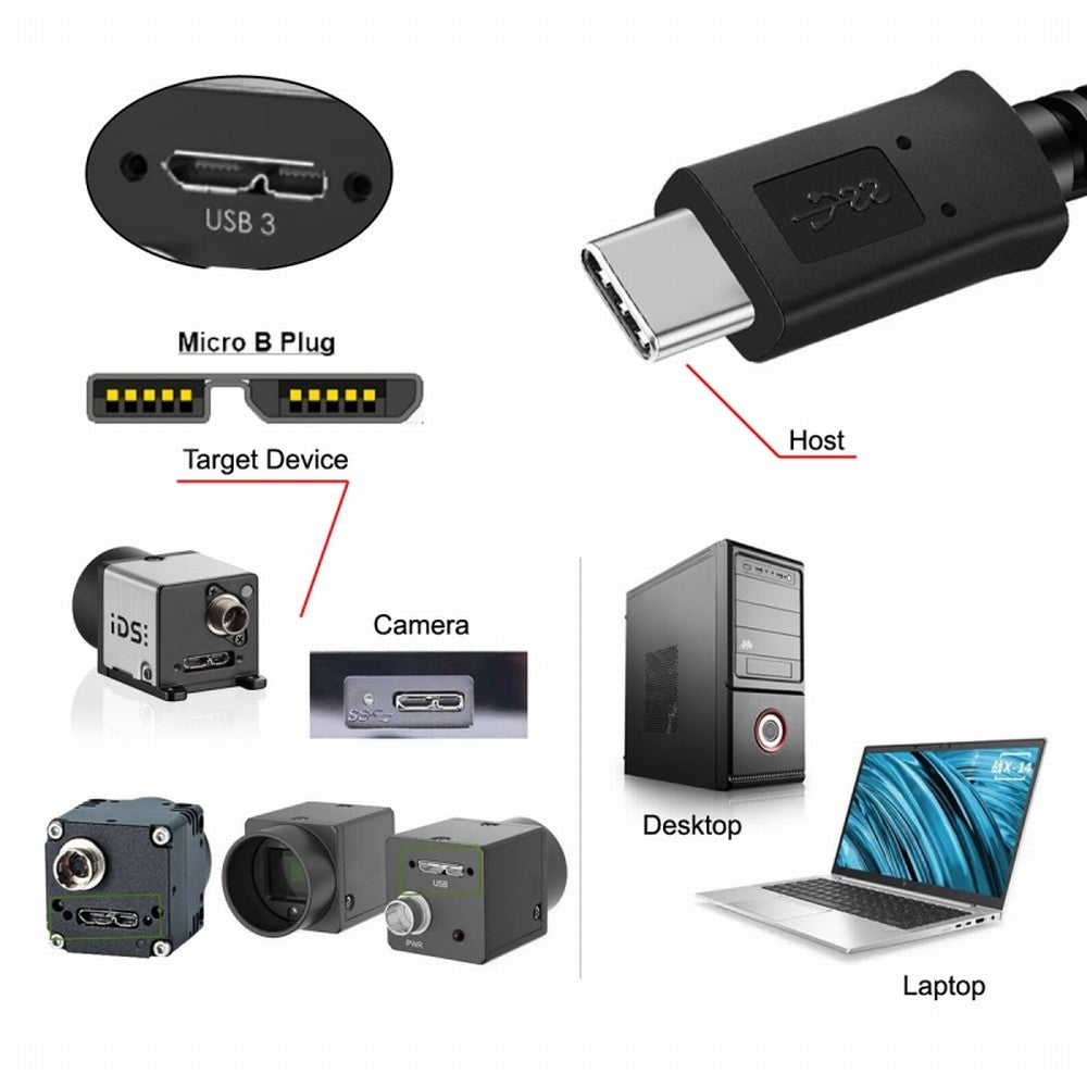 5Gbps USB-C Type-C Host to Micro USB3.0 Screw Mount Straight Cable for Industrial Camera Storage UC-105-BK