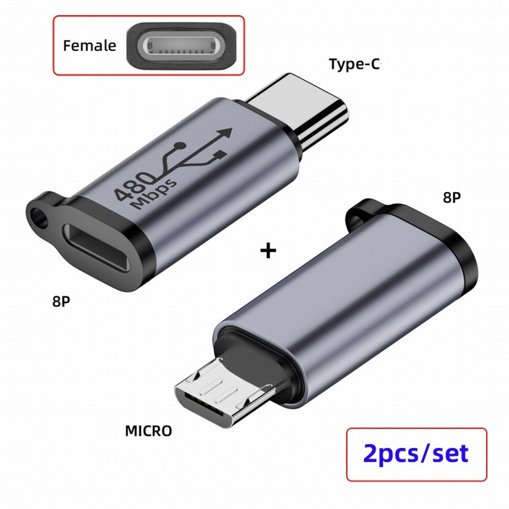 2pcs/lot USB2.0 8P Female to Micro USB Type-C USB-C Male Power Adapter 480Mbps Data with Chain Holes UC-091-LF