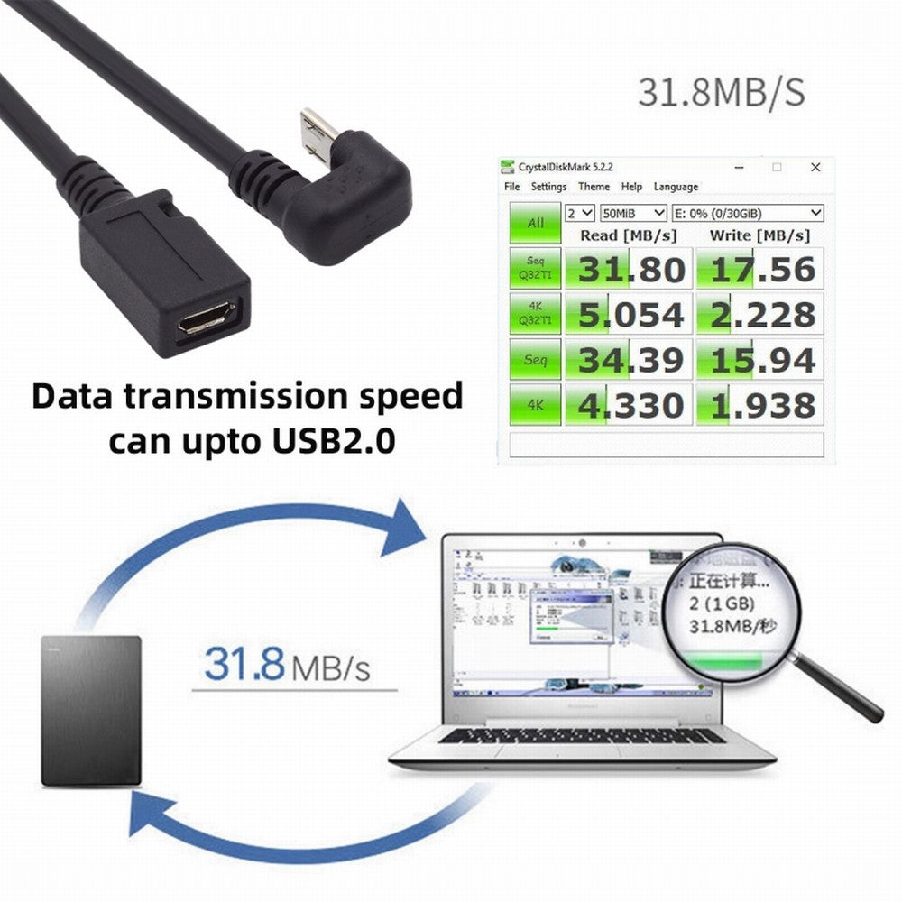 5Pin Micro USB 2.0 Male to Female Power Data Extension Cable Opposite U Shape Back Angled Type for Phone Laptop U2-096-OS