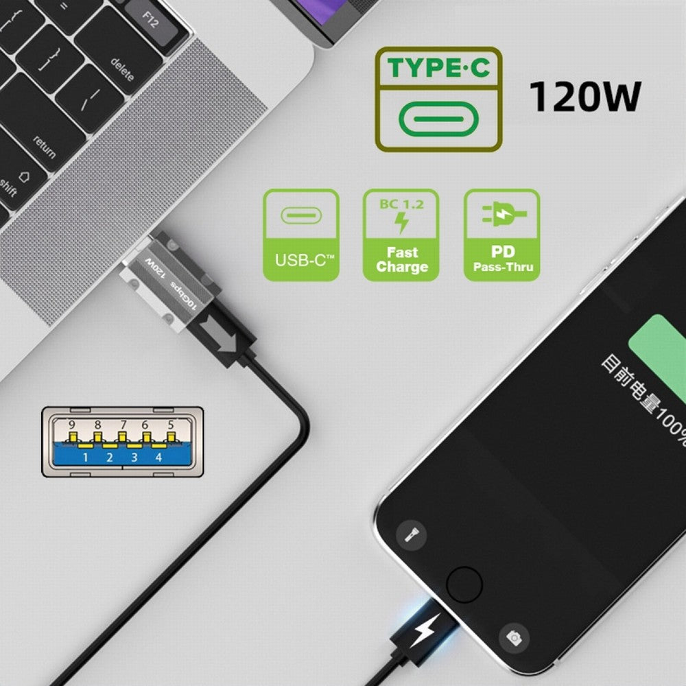 USB-C USB 3.1 Type C Male to USB 3.0 A Female 10Gbps OTG Data 120W Power Adapter Alloy Shell Mecha Cyberpunk Style UC-017-SL