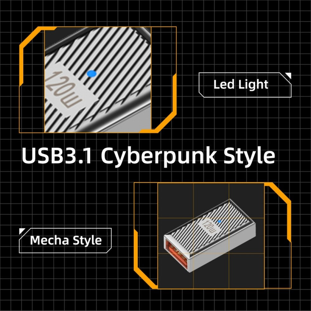 USB-C USB 3.1 Type C Male to USB 3.0 A Female 10Gbps OTG Data 120W Power Adapter Alloy Shell Mecha Cyberpunk Style UC-017-SL