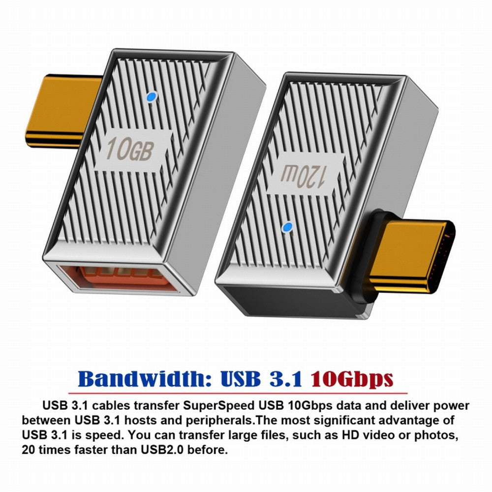 USB-C USB 3.1 Type C Male to USB 3.0 A Female 10Gbps OTG Data 120W Power Left Right Angled Adapter Alloy Shell Mecha Cyberpunk Style UC-017-RI