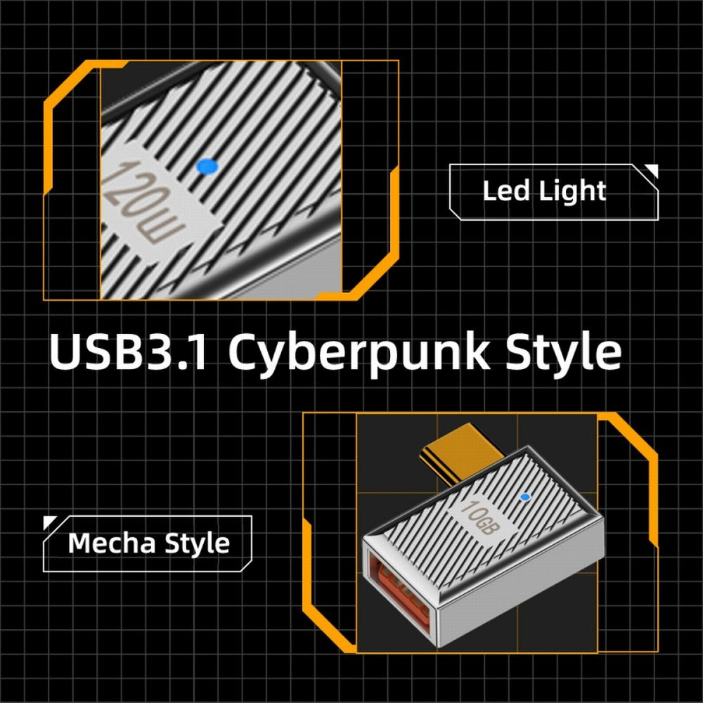 USB-C USB 3.1 Type C Male to USB 3.0 A Female 10Gbps OTG Data 120W Power Left Right Angled Adapter Alloy Shell Mecha Cyberpunk Style UC-017-RI