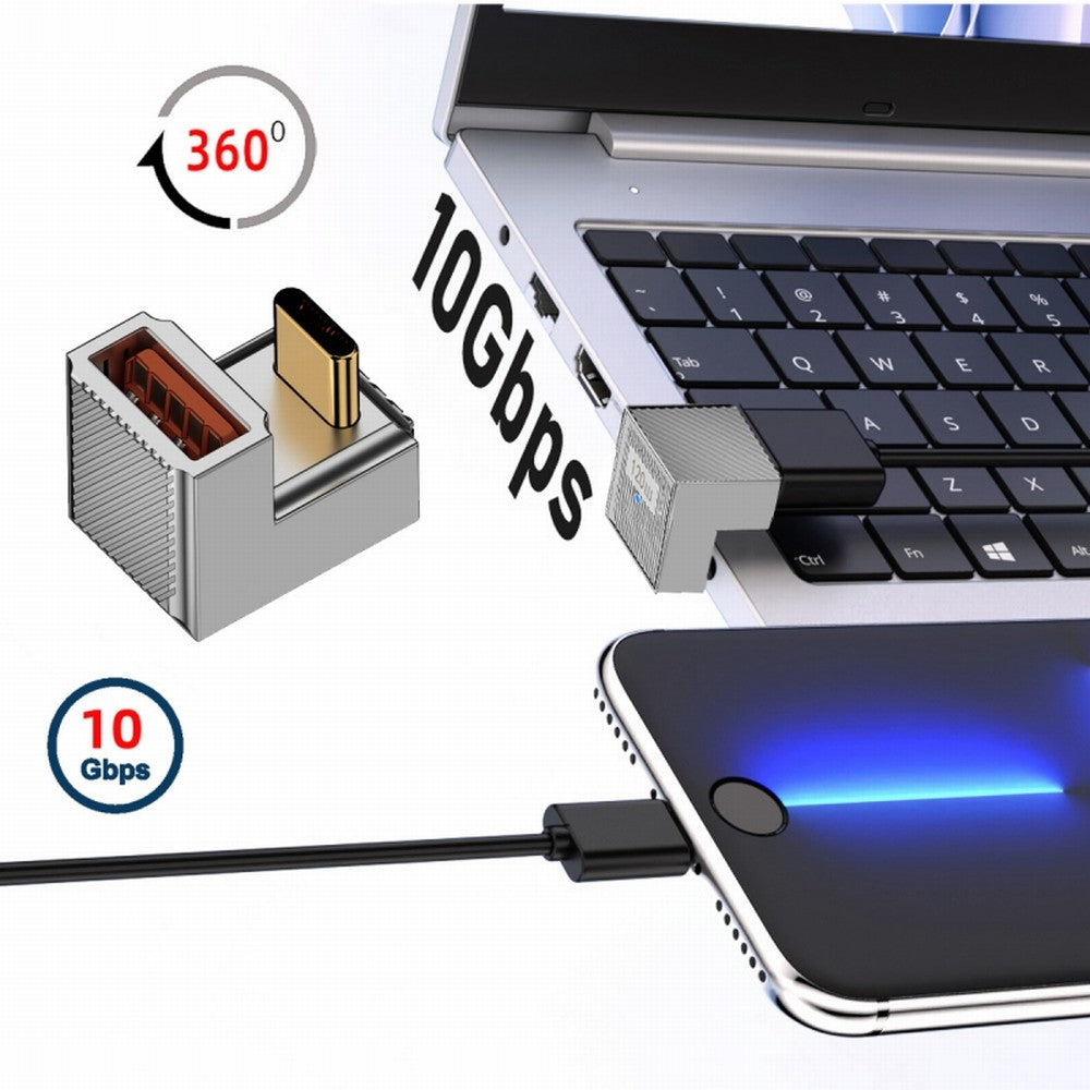 USB-C USB 3.1 Type C Male to USB 3.0 A Female 10Gbps OTG Data 120W Power Opposite U Shape Back Angled Adapter Alloy Shell Mecha Cyberpunk Style UC-017-OS