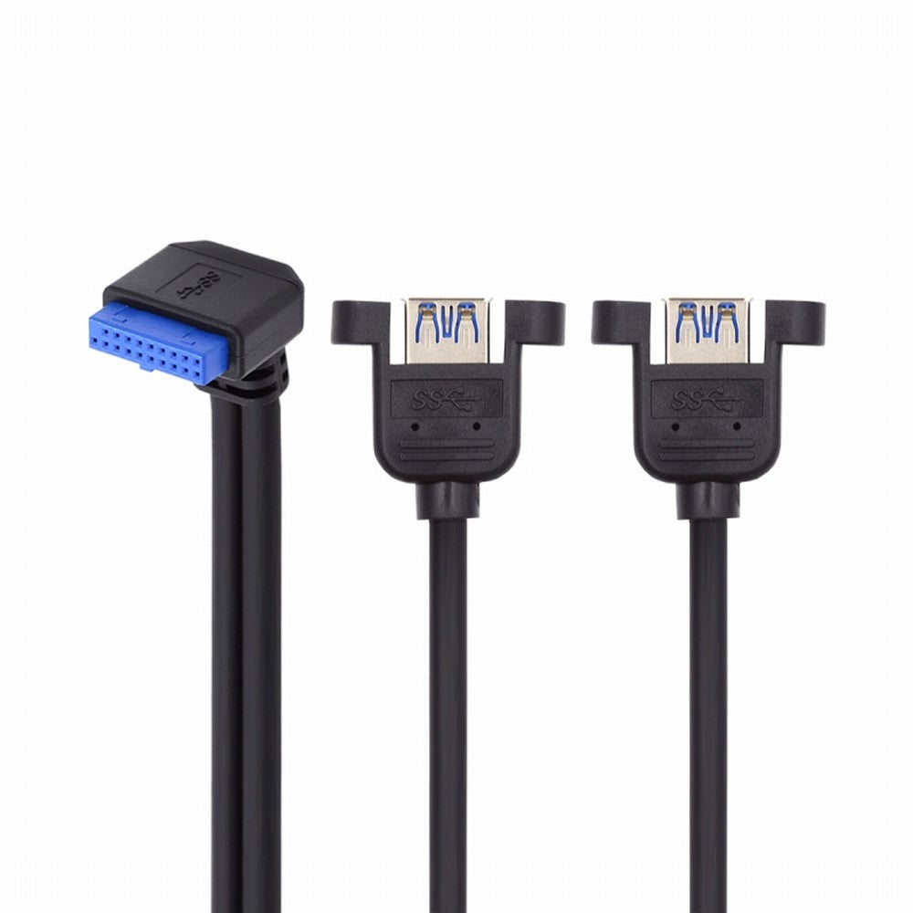 Down Angled 19/20Pin Header to USB 3.0 Dual Ports Female Screw Mount Type Cable 90 Degree 5Gbps U3-088-DN