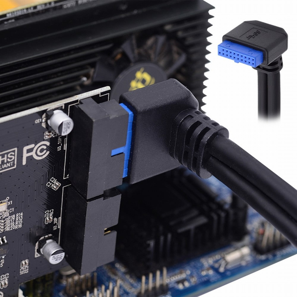 Down Angled 19/20Pin Header to USB 3.0 Dual Ports Female Screw Mount Type Cable 90 Degree 5Gbps U3-088-DN