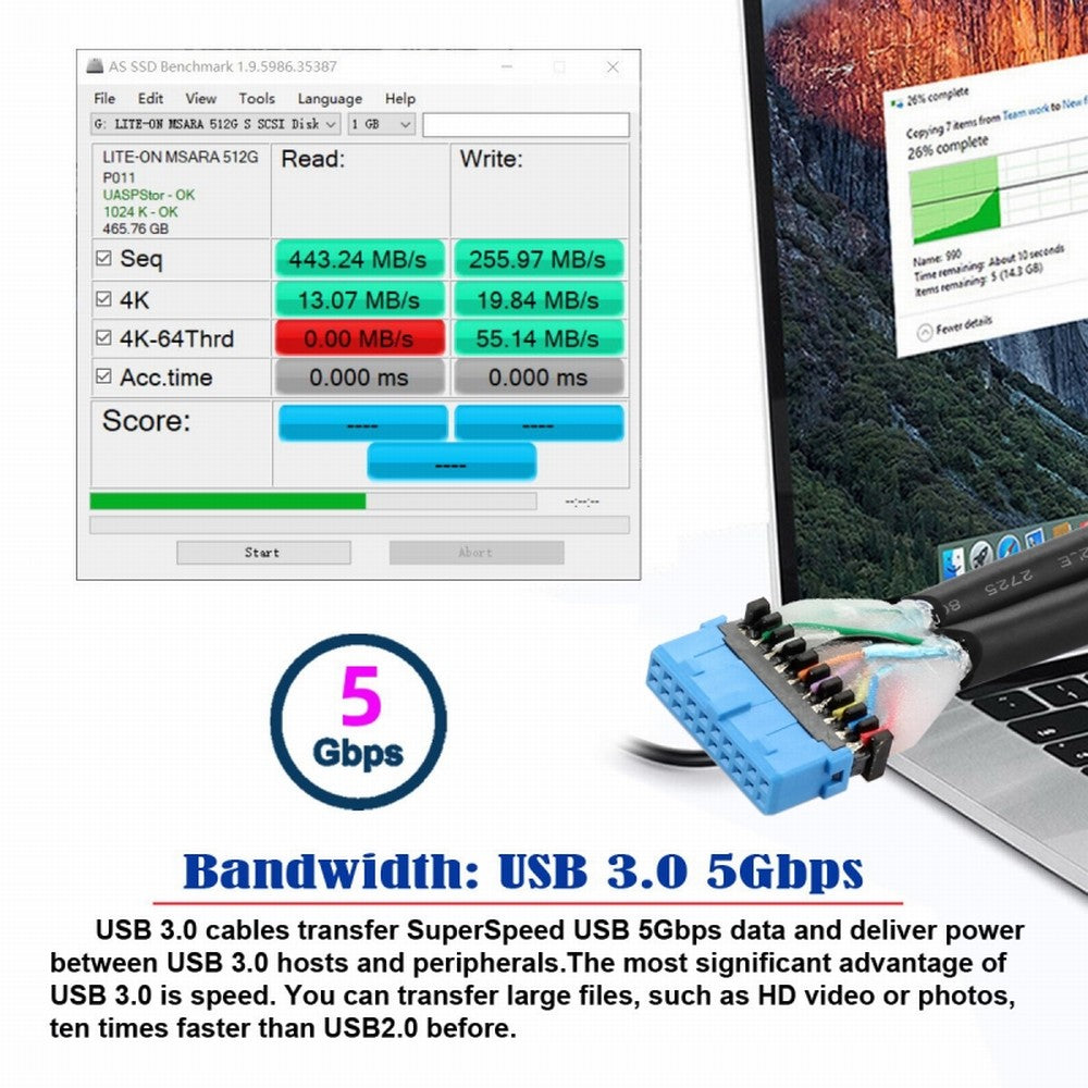 Down Angled 19/20Pin Header to USB 3.0 Dual Ports Female Screw Mount Type Cable 90 Degree 5Gbps U3-088-DN