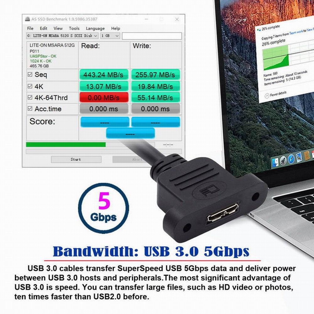 Type-A USB 3.0 Male to Micro 3.0 Type-B Female Screw Mount Type Extension Cable 5Gbps U3-083-AM