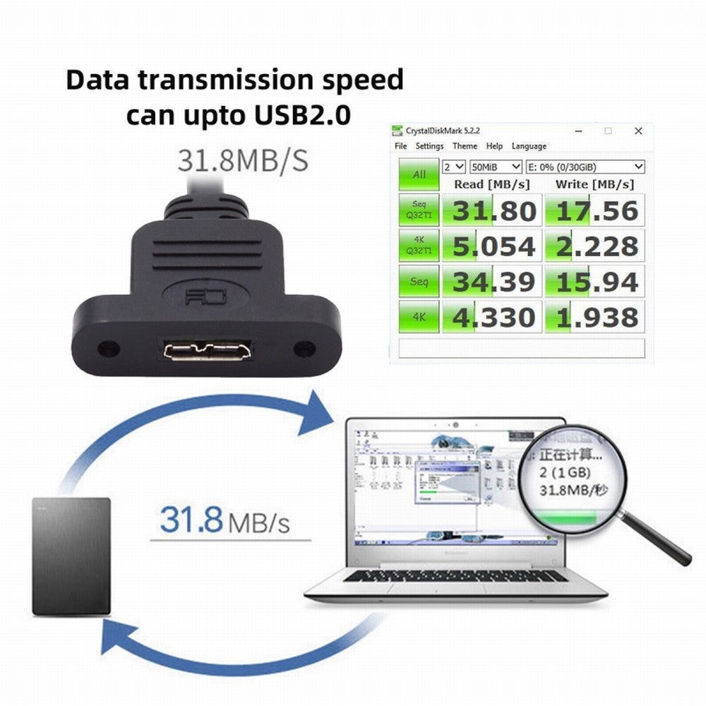 Type-B USB2.0 Male to Micro 3.0 Type-B Female Screw Mount Type Extension Cable 480Mbps U3-012-BM