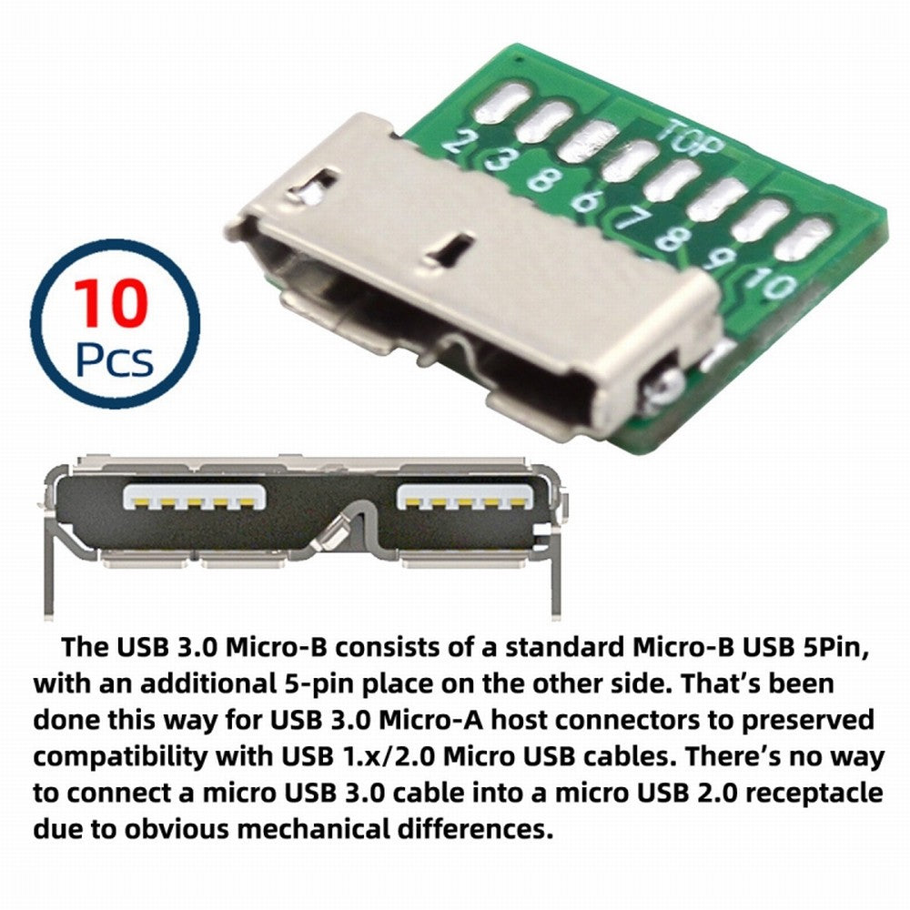 10pcs Micro USB 3.0 10pin Female Socket Receptacle Board Mount SMT Type with PCB for USB Disk DIY OEM CN-007