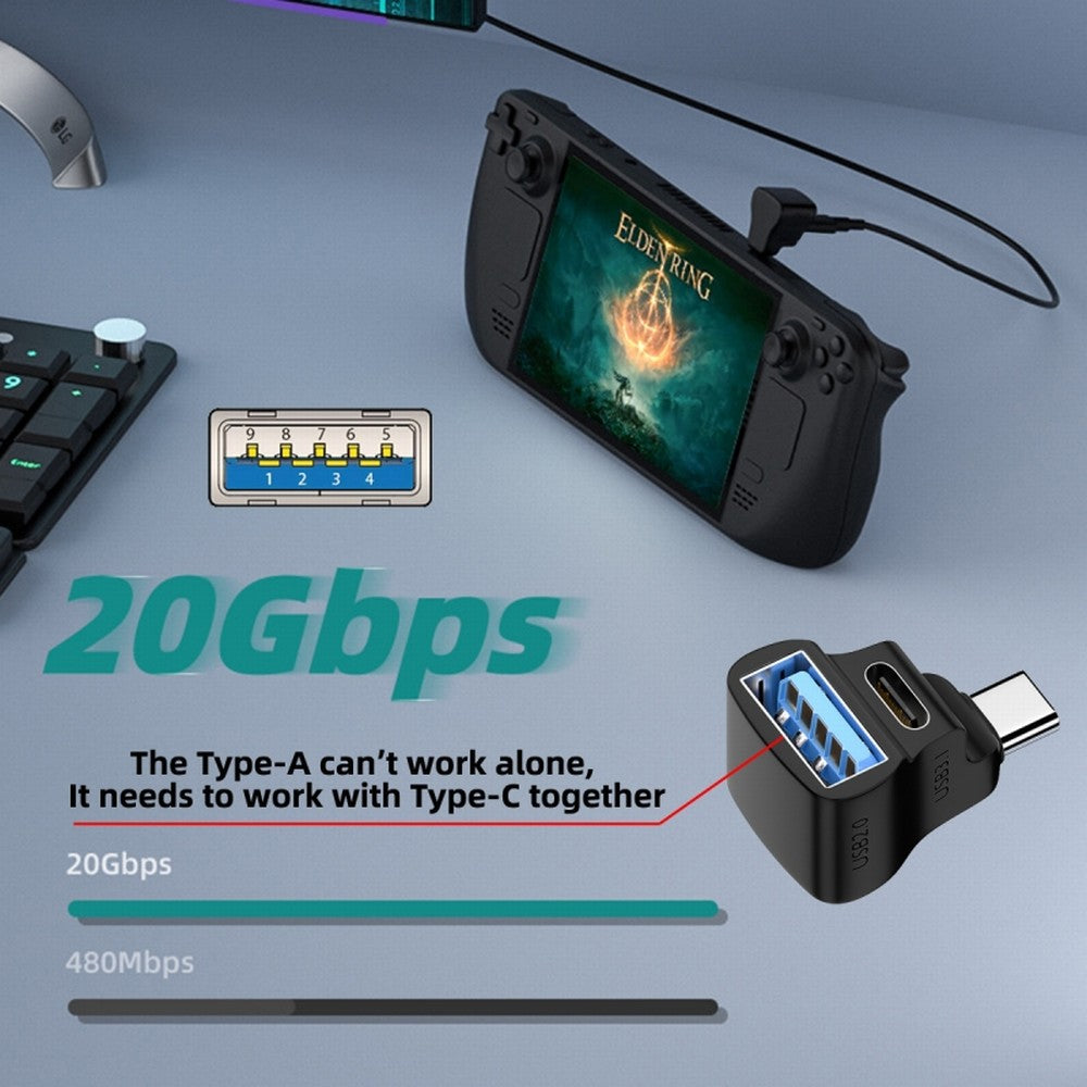10Gbps USB3.1 Type C Male to Dual Type-A OTG & Type-C Female Power Data Splitter Adapter Angled Compatible with Steam Deck Laptop UC-068-AC