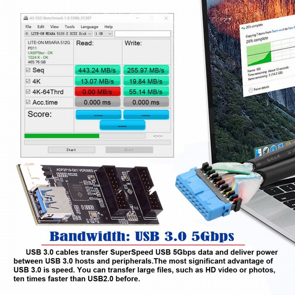 Single 19/20Pin Header to USB 3.0 19/20Pin Dual Ports Female PCBA Type Adapter Splitter HUB 5Gbps U3-084-AF