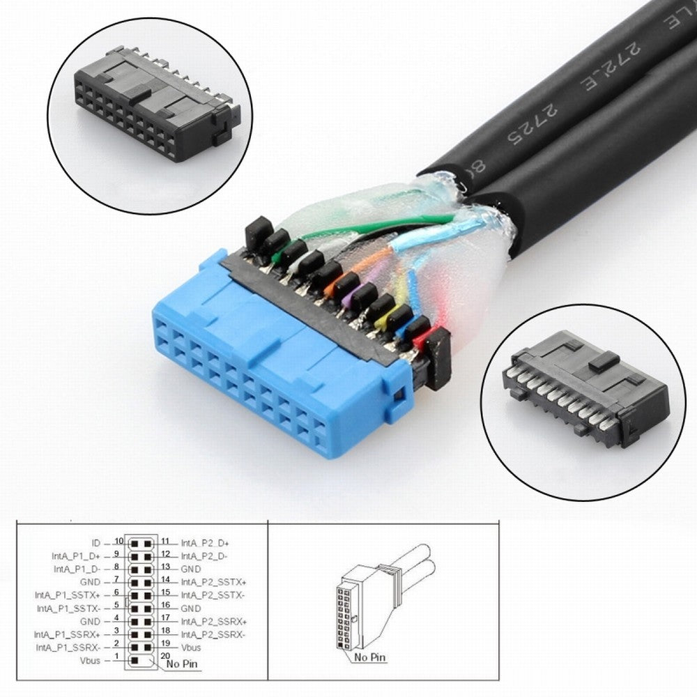 Single 19/20Pin Header to USB 3.0 19/20Pin Dual Ports Female PCBA Type Adapter Splitter HUB 5Gbps U3-084-AF